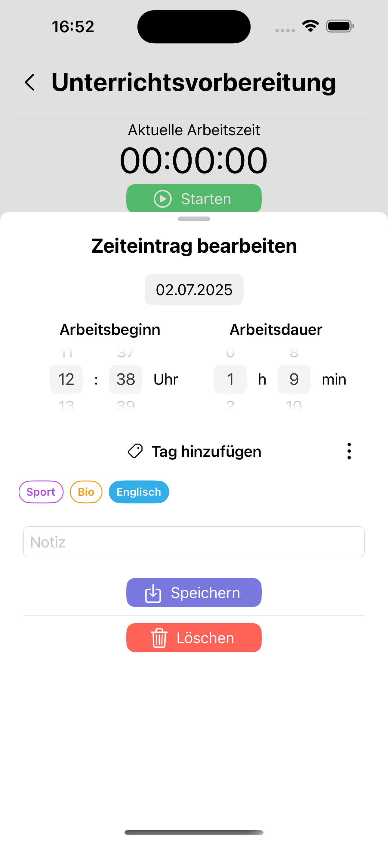 App-Ansicht zur Bearbeitung eines Zeiteintrags