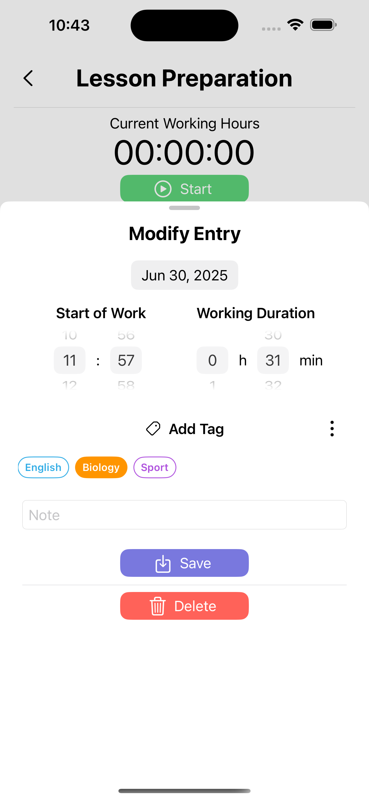 App screen showing how to edit a time entry