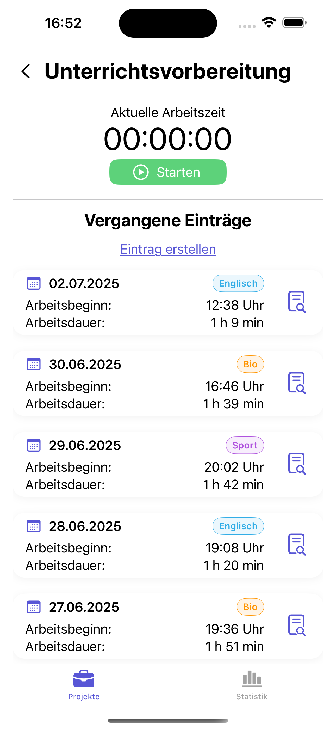 App-Ansicht mit einer Liste der Zeiteinträge eines Projekts