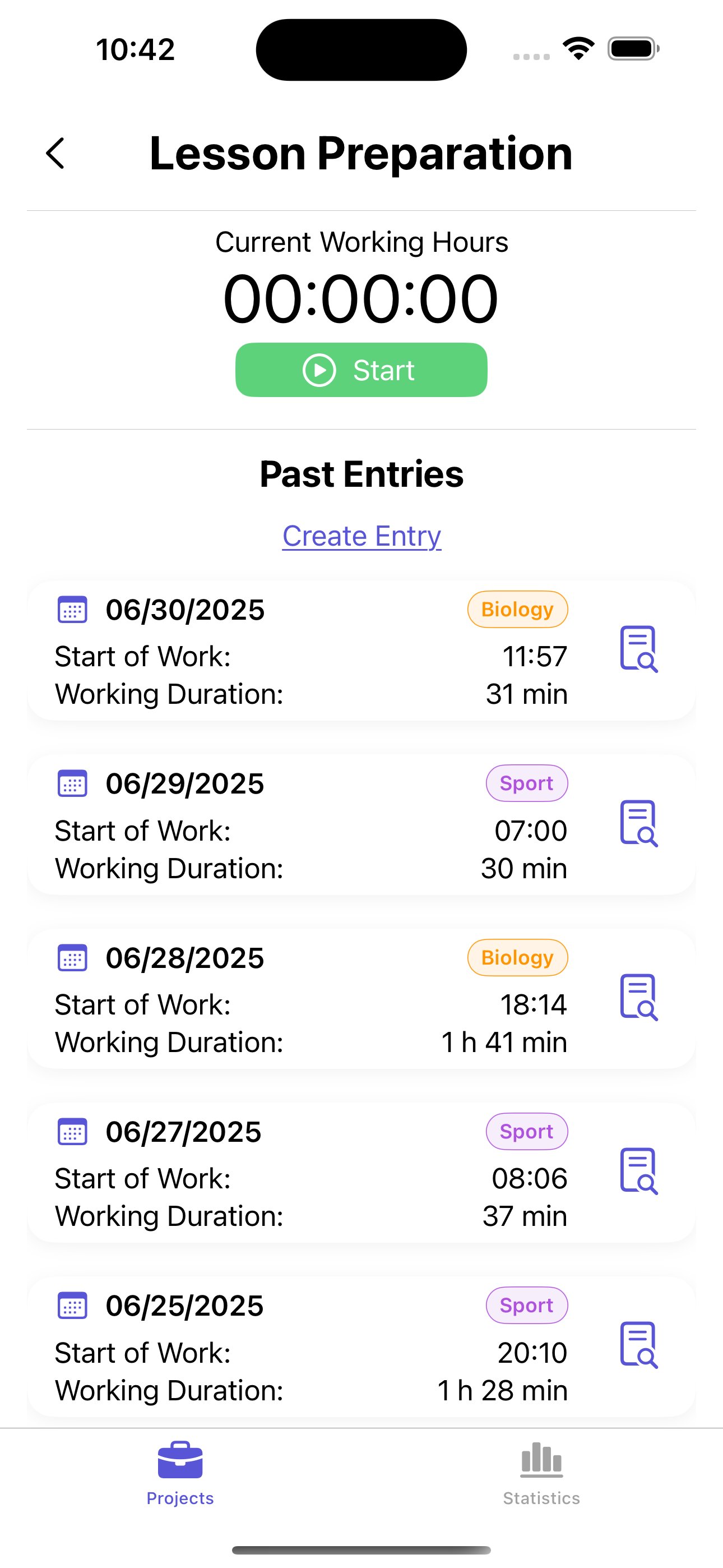 App screen with a list of time entries for a project