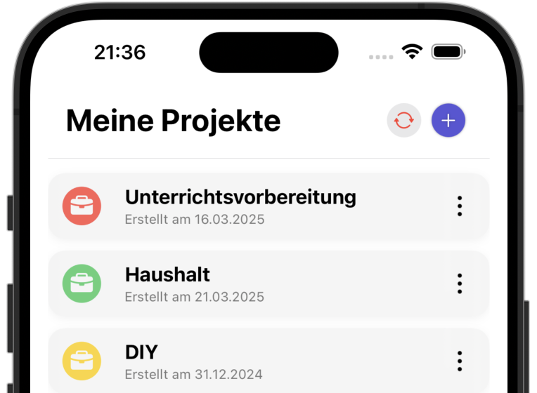 App Screenshot der Projekte