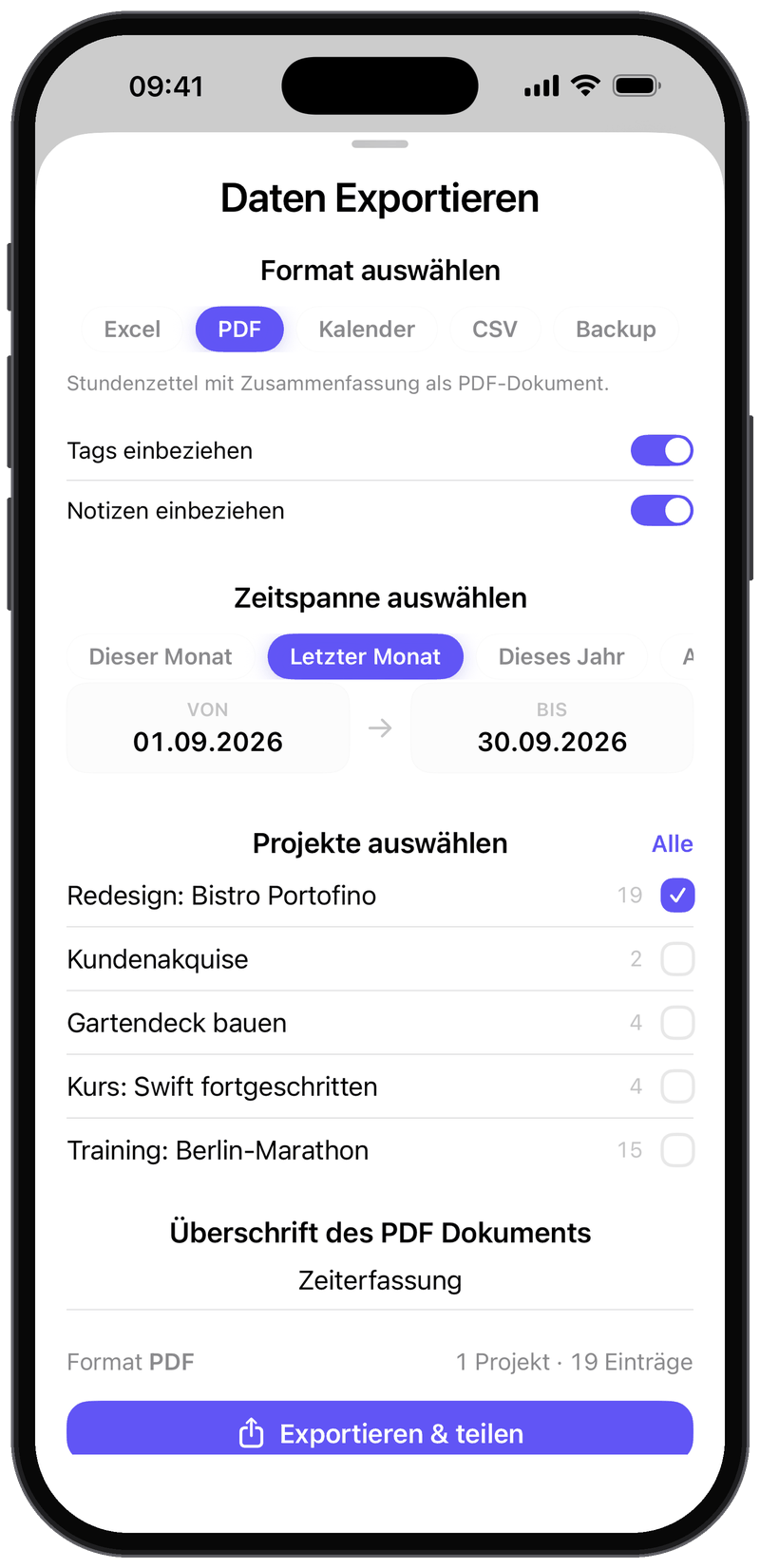 Export-Ansicht mit den Formaten Excel, PDF, Kalender, CSV und Backup, Zeitraum und ausgewähltem Kundenprojekt