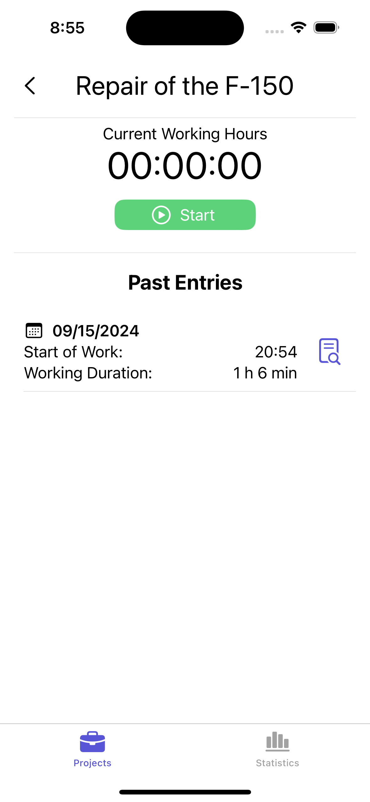 List of all Working Time Entries