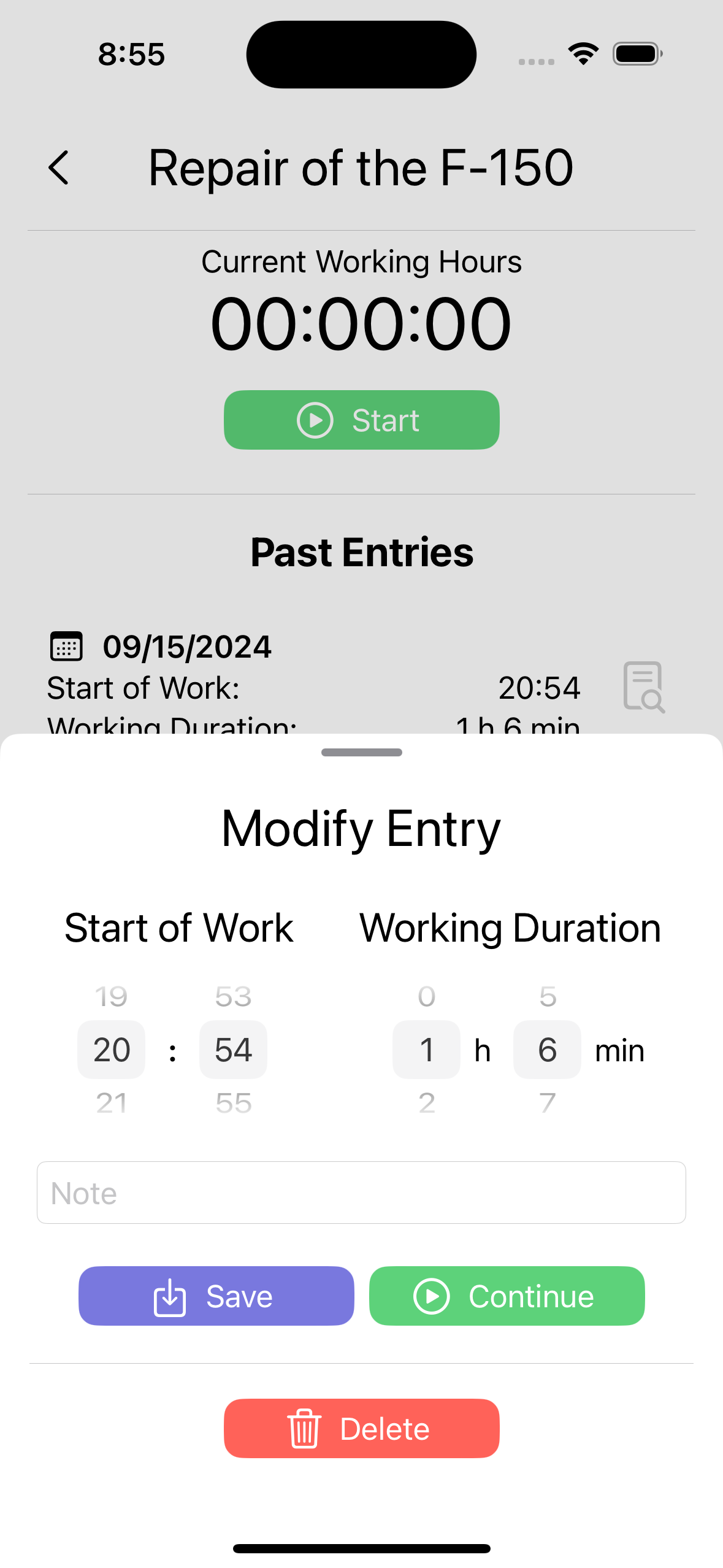 Modify Working Time Entry